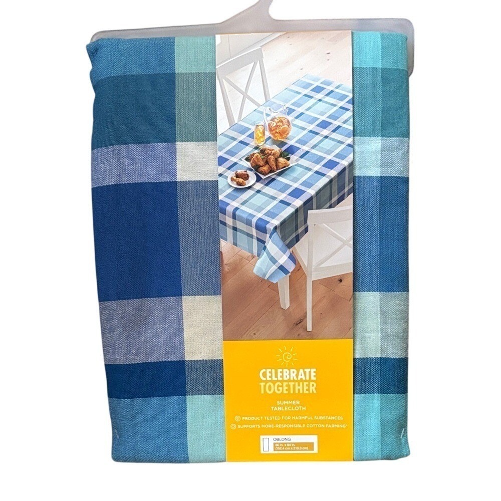 Celebrate Together Blue Gingham Plaid Picnic Table Cloth Fabric 60" by 84" NEW